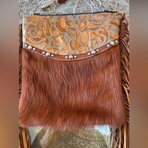Holy Cow Couture Leather, HOH, matching fringe to the back panel. Cross Body Bag